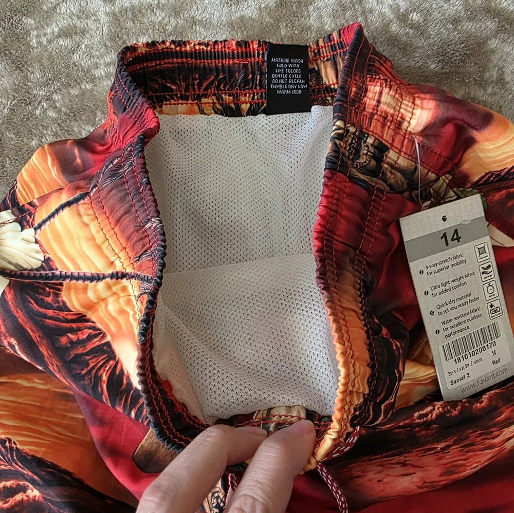* Favant Tropical Print Kids Shorts-Swim-Bathing Suit W/Pockets Drawstring Sz 14